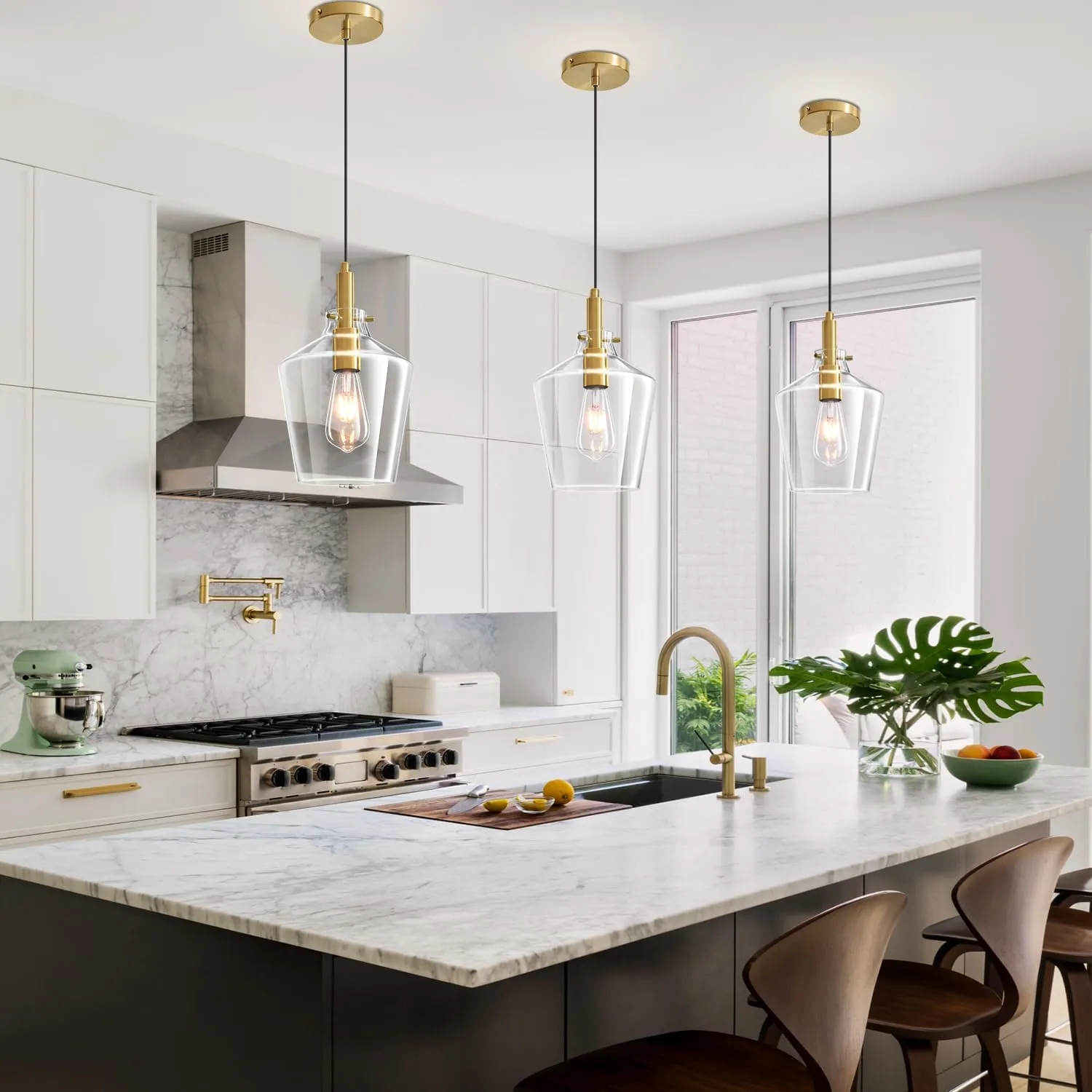 Modern Glass Pendant Lighting for Kitchen Island, Farmhouse Gold Pendant Light Fixtures 1 Pack, Adjustable Hanging Ceiling Light Angled Clear Glass Shades 8 Inch