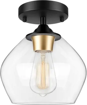 Modern Semi Flush Mount Ceiling Light with Clear Glass Shade, Industrial Close to Ceiling Light, Black Hanging Ceiling Light Fixture for Hallway, Bedroom, Dining Room, Entryway, Foyer