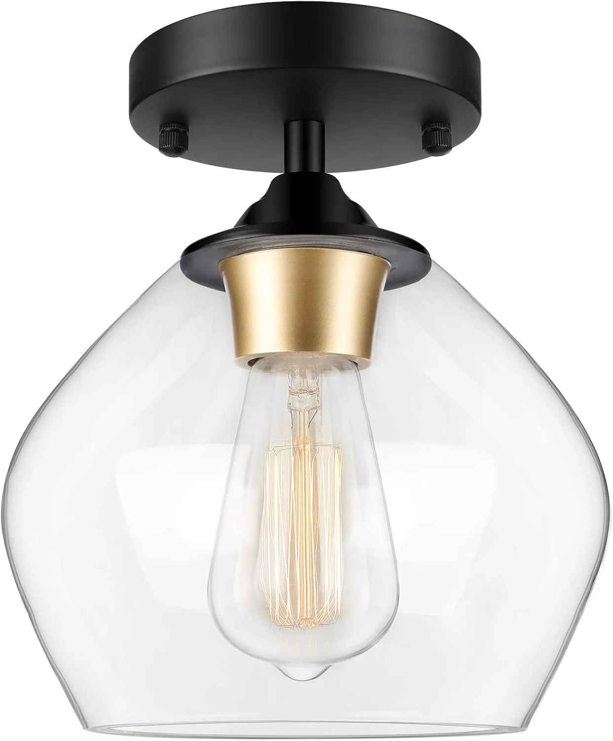 Modern Semi Flush Mount Ceiling Light with Clear Glass Shade, Industrial Close to Ceiling Light, Black Hanging Ceiling Light Fixture for Hallway, Bedroom, Dining Room, Entryway, Foyer