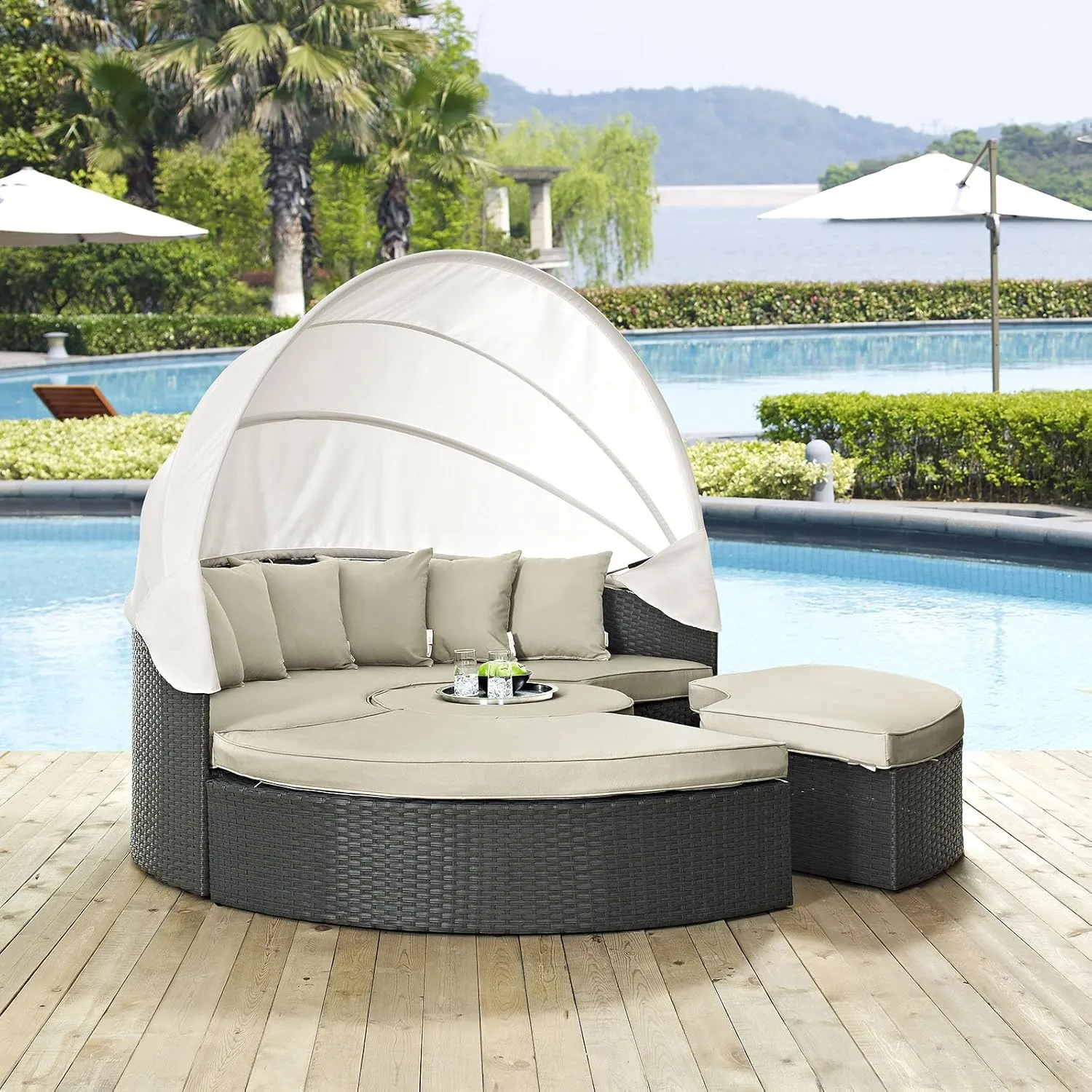 Modway Sojourn Outdoor Patio Sunbrella Sectional Daybed with Canopy in Antique Canvas Beige