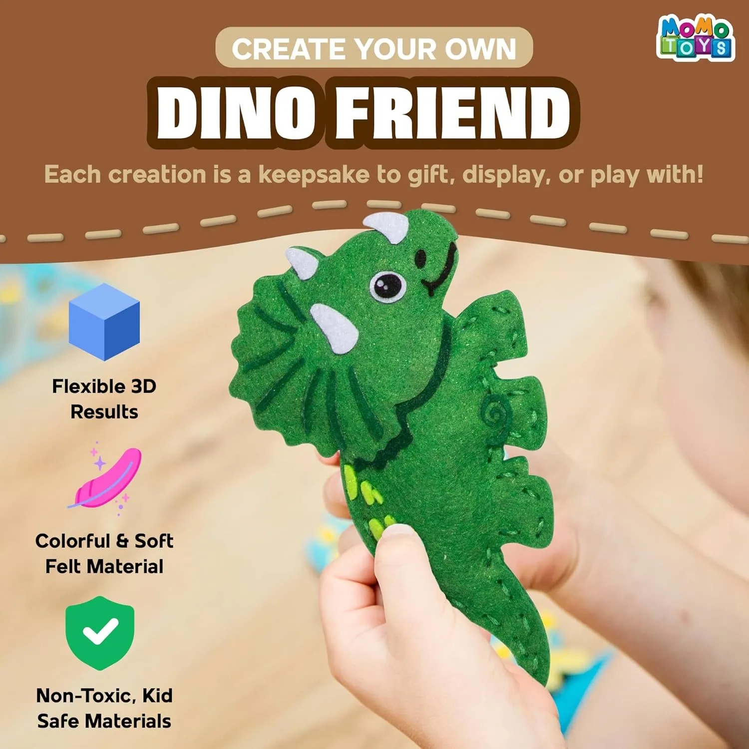 MOMOTOYS Dinosaurs World Beginner Sewing Kit for Kids Ages 7  – Includes 9 Kids Sewing Projects w/Tools & Art Supplies – DIY Felt Crafts for Girls & Boys, Gifts for 7, 8, 9, 10, 11, 12 Year Old