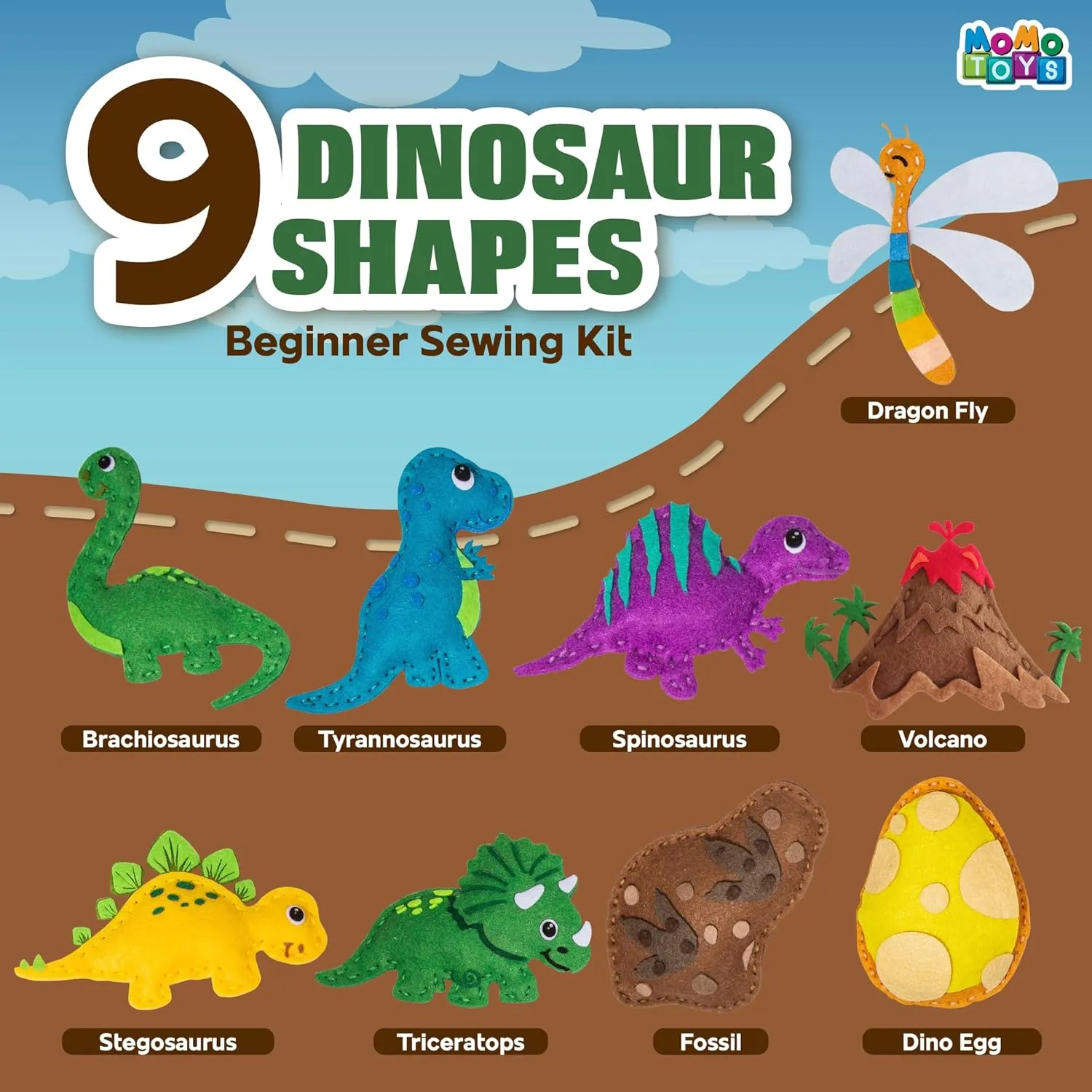 MOMOTOYS Dinosaurs World Beginner Sewing Kit for Kids Ages 7  – Includes 9 Kids Sewing Projects w/Tools & Art Supplies – DIY Felt Crafts for Girls & Boys, Gifts for 7, 8, 9, 10, 11, 12 Year Old