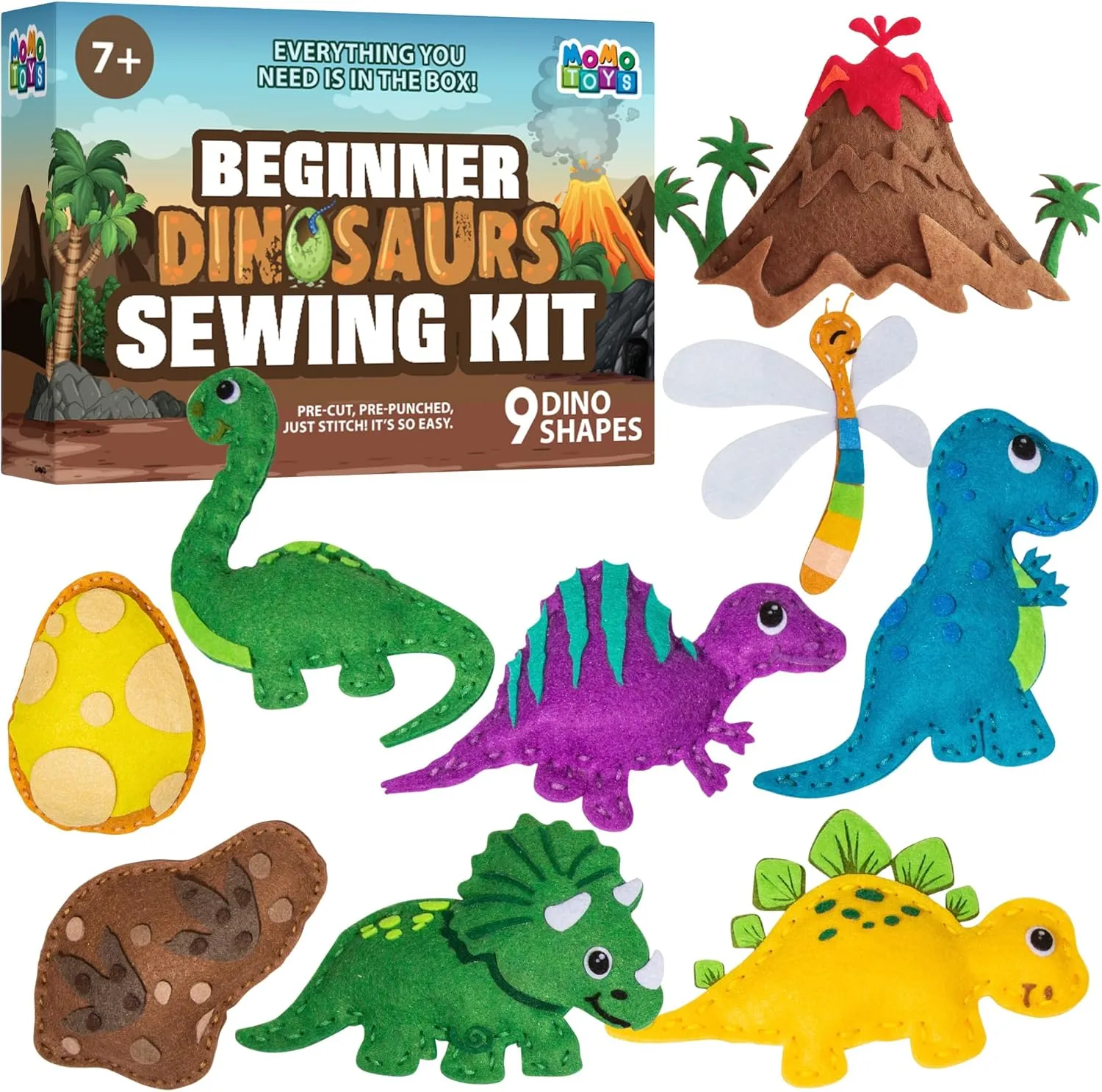 MOMOTOYS Dinosaurs World Beginner Sewing Kit for Kids Ages 7  – Includes 9 Kids Sewing Projects w/Tools & Art Supplies – DIY Felt Crafts for Girls & Boys, Gifts for 7, 8, 9, 10, 11, 12 Year Old