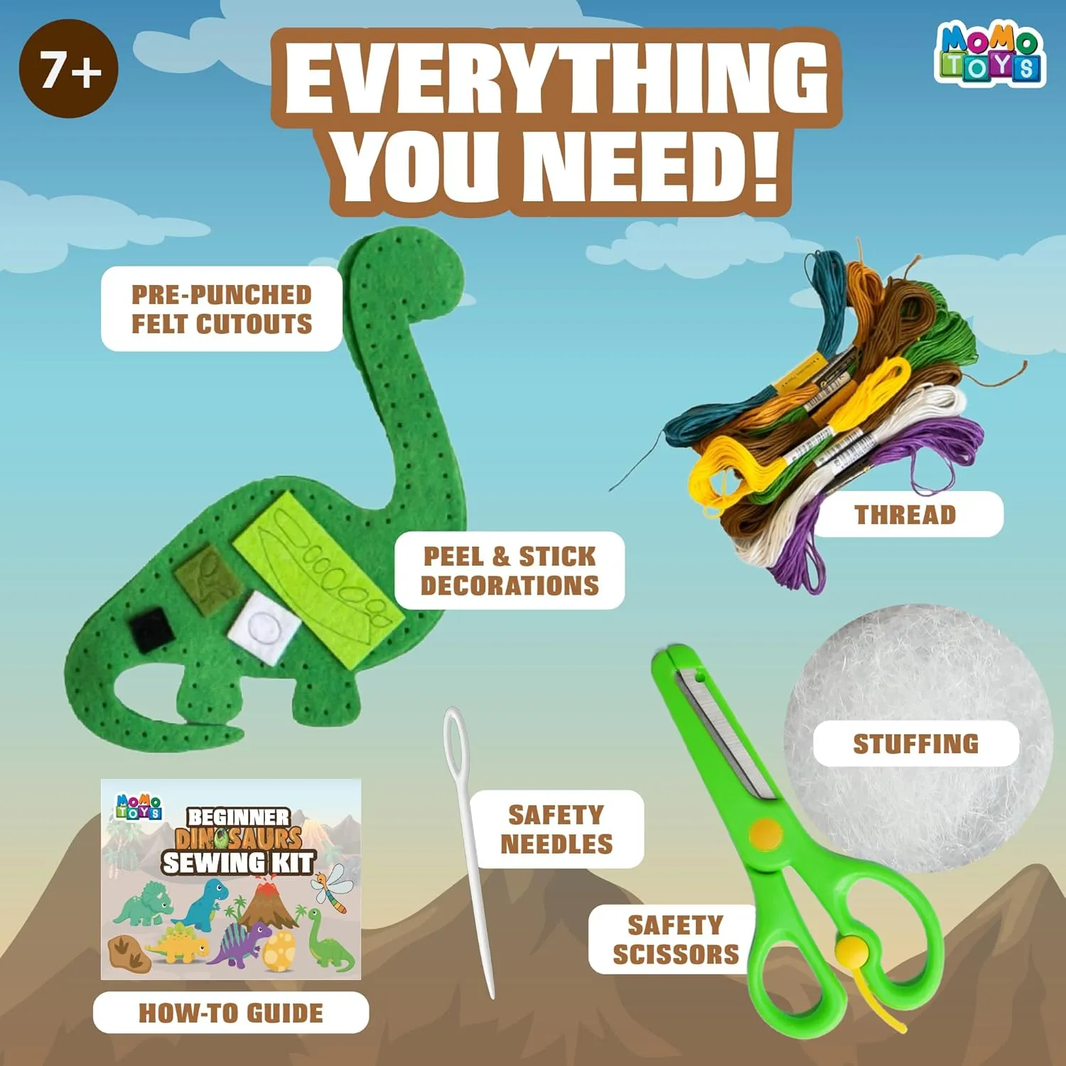 MOMOTOYS Dinosaurs World Beginner Sewing Kit for Kids Ages 7  – Includes 9 Kids Sewing Projects w/Tools & Art Supplies – DIY Felt Crafts for Girls & Boys, Gifts for 7, 8, 9, 10, 11, 12 Year Old