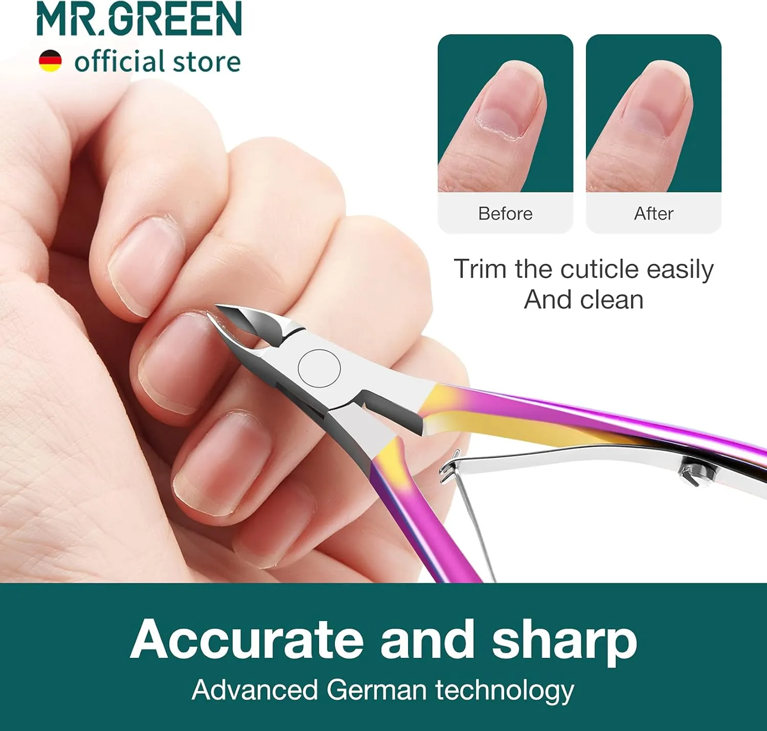 MR.GREEN Cuticle Nippers Gorgeous Colorful Cuticle Scissors Nail Manicure Clippers Trimmer Dead Skin Remover Cutters Beauty Tool (Colored Titanium Pusher)