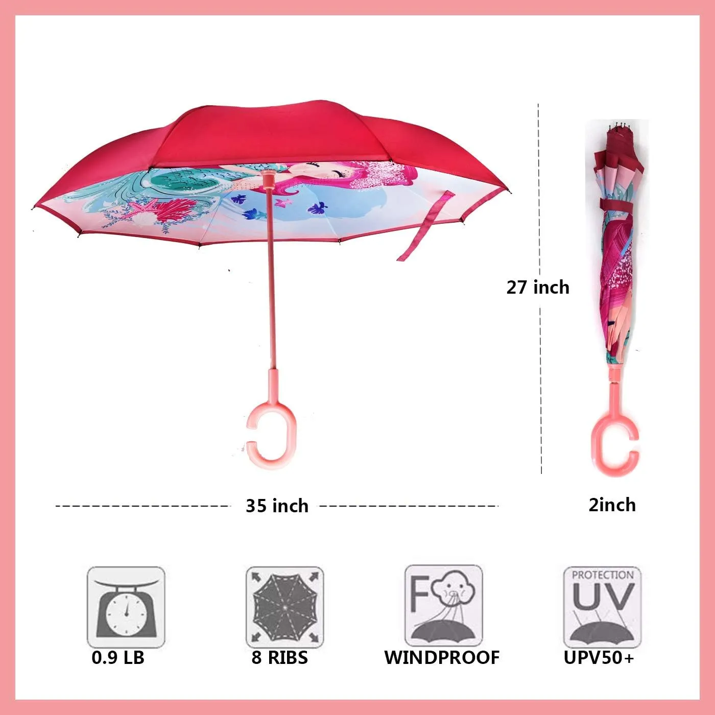MRTLLOA 40/49/56 Inch Oversize Windproof Inverted Reverse Upside Down Umbrella, Golf Size Rain Umbrella, Double Layer, C-Shaped Handle for Men, Women and Kids (Little Mermaid, 40 Inch)