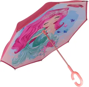 MRTLLOA 40/49/56 Inch Oversize Windproof Inverted Reverse Upside Down Umbrella, Golf Size Rain Umbrella, Double Layer, C-Shaped Handle for Men, Women and Kids (Little Mermaid, 40 Inch)