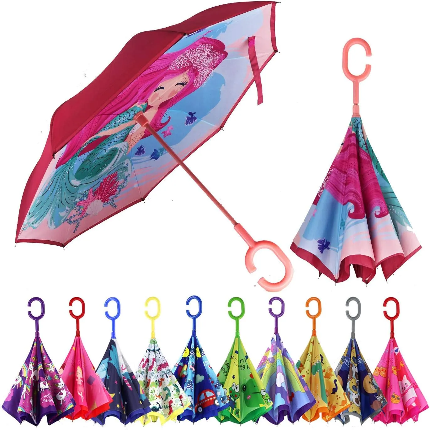 MRTLLOA 40/49/56 Inch Oversize Windproof Inverted Reverse Upside Down Umbrella, Golf Size Rain Umbrella, Double Layer, C-Shaped Handle for Men, Women and Kids (Little Mermaid, 40 Inch)