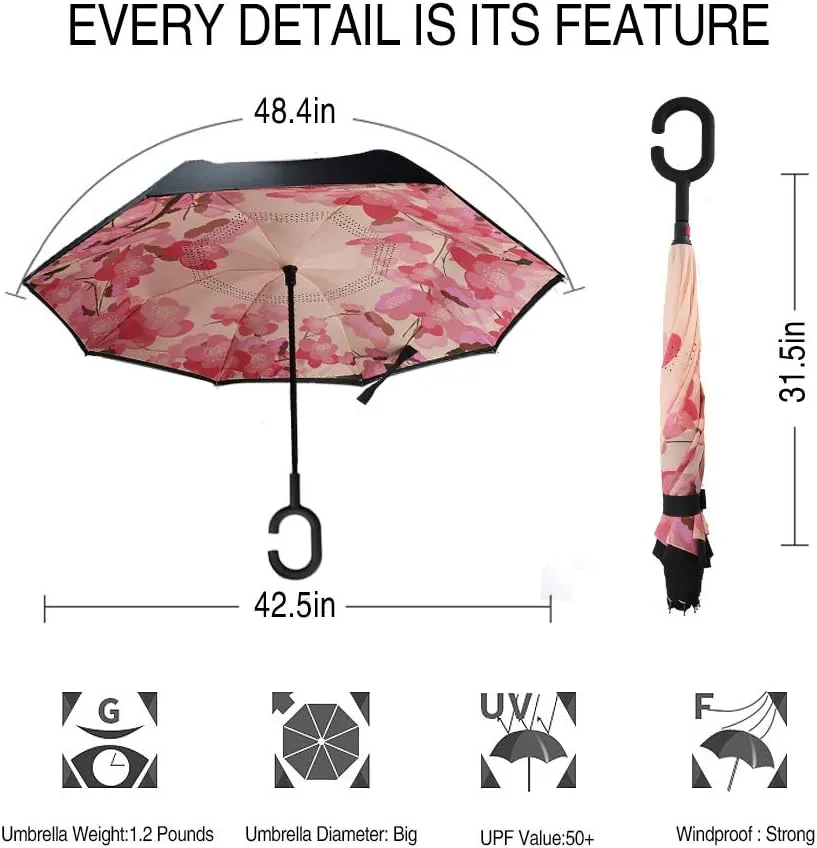 MRTLLOA 40/49/56 Inch Oversize Windproof Inverted Reverse Upside Down Umbrella, Golf Size Rain Umbrella, Double Layer, C-Shaped Handle for Men, Women and Kids (Peach Blossom, 49 Inch)