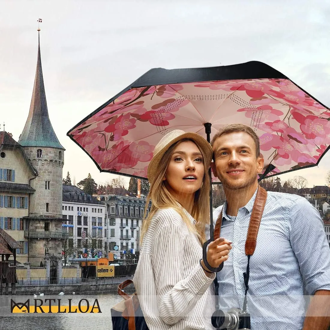 MRTLLOA 40/49/56 Inch Oversize Windproof Inverted Reverse Upside Down Umbrella, Golf Size Rain Umbrella, Double Layer, C-Shaped Handle for Men, Women and Kids (Peach Blossom, 49 Inch)