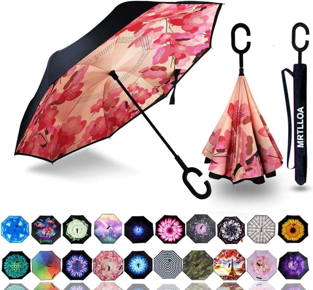 MRTLLOA 40/49/56 Inch Oversize Windproof Inverted Reverse Upside Down Umbrella, Golf Size Rain Umbrella, Double Layer, C-Shaped Handle for Men, Women and Kids (Peach Blossom, 49 Inch)