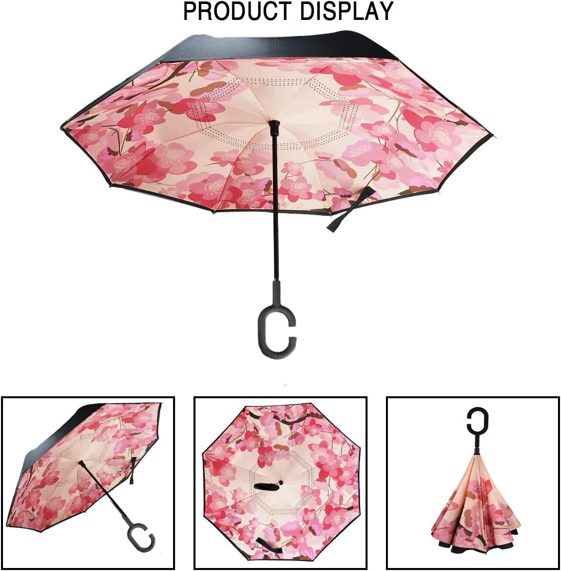 MRTLLOA 40/49/56 Inch Oversize Windproof Inverted Reverse Upside Down Umbrella, Golf Size Rain Umbrella, Double Layer, C-Shaped Handle for Men, Women and Kids (Peach Blossom, 49 Inch)