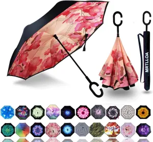 MRTLLOA 40/49/56 Inch Oversize Windproof Inverted Reverse Upside Down Umbrella, Golf Size Rain Umbrella, Double Layer, C-Shaped Handle for Men, Women and Kids (Peach Blossom, 49 Inch)