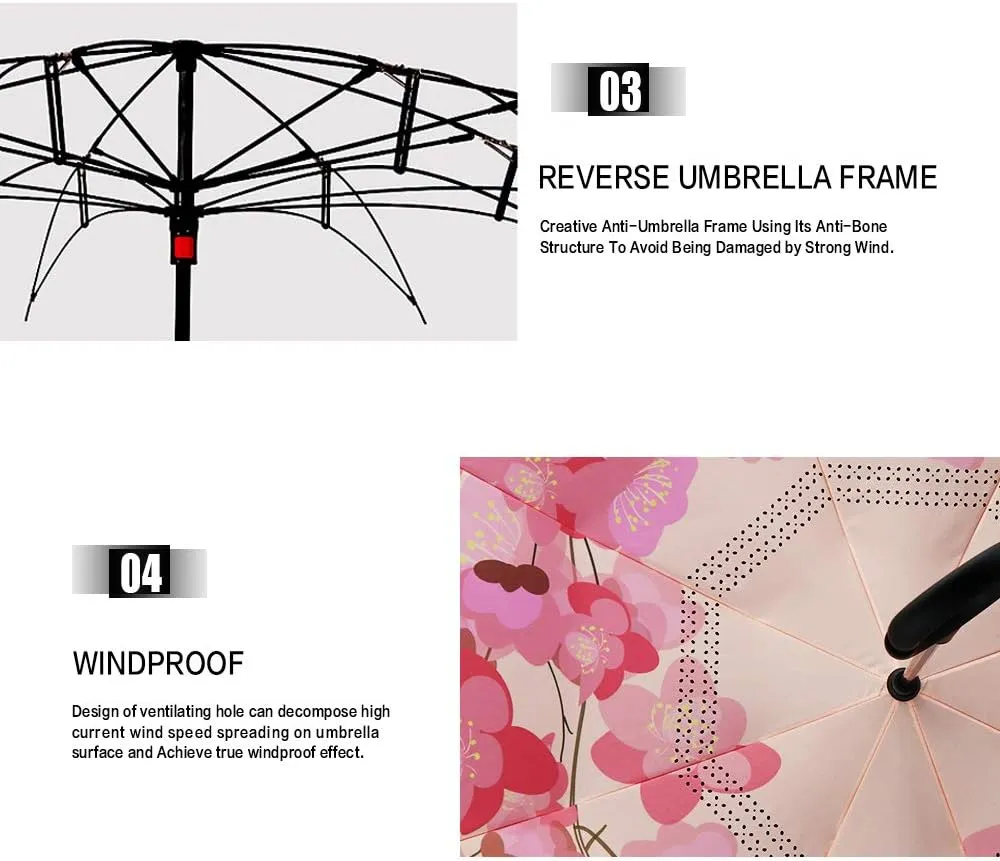 MRTLLOA 40/49/56 Inch Oversize Windproof Inverted Reverse Upside Down Umbrella, Golf Size Rain Umbrella, Double Layer, C-Shaped Handle for Men, Women and Kids (Peach Blossom, 49 Inch)