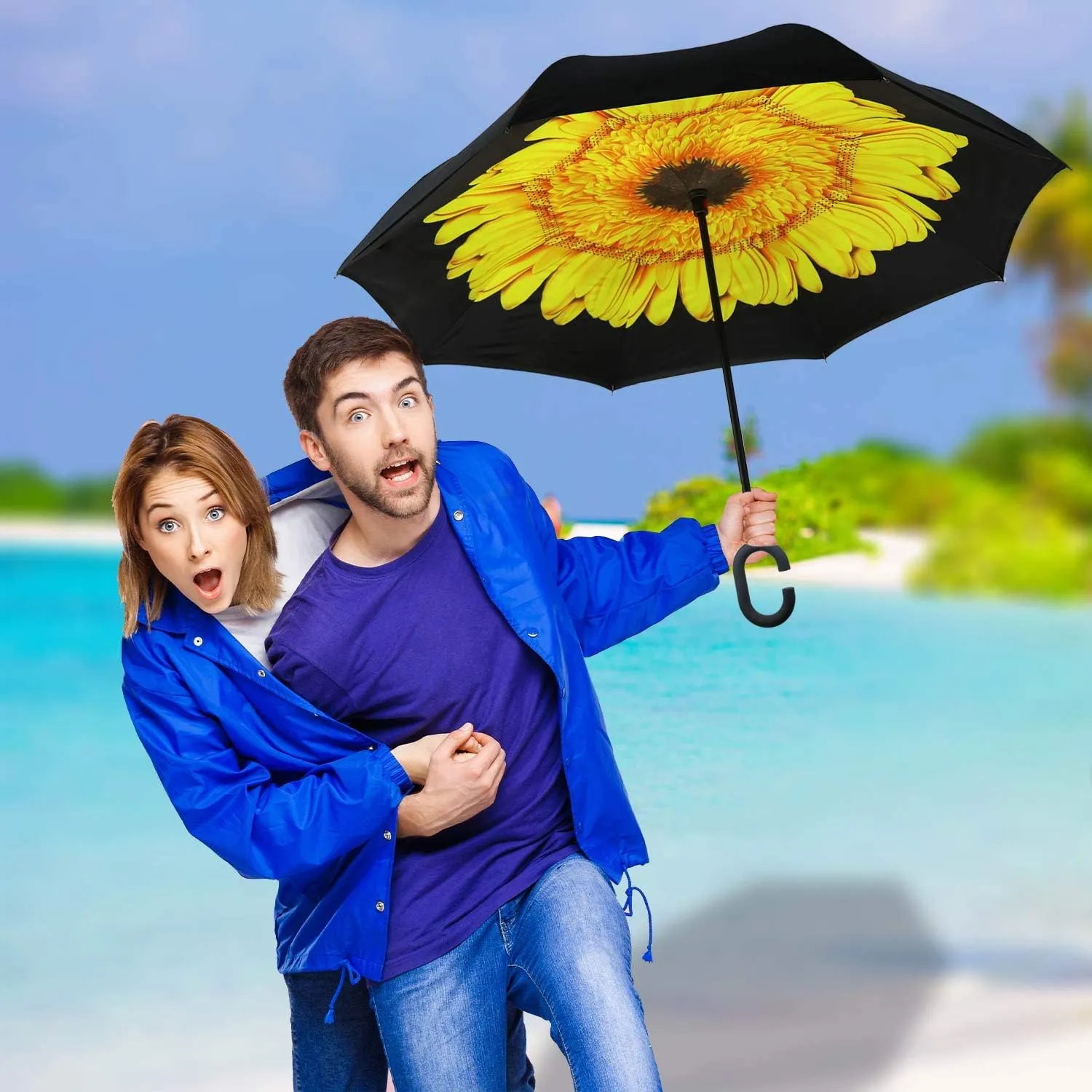 MRTLLOA 40/49/56 Inch Oversize Windproof Inverted Reverse Upside Down Umbrella, Golf Size Rain Umbrella, Double Layer, C-Shaped Handle for Men, Women and Kids (Sunflower, 49 Inch)