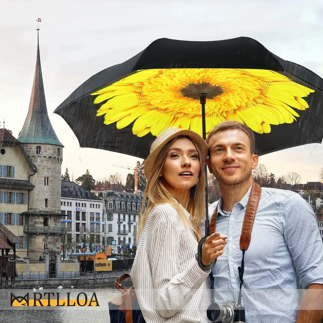 MRTLLOA 40/49/56 Inch Oversize Windproof Inverted Reverse Upside Down Umbrella, Golf Size Rain Umbrella, Double Layer, C-Shaped Handle for Men, Women and Kids (Sunflower, 49 Inch)