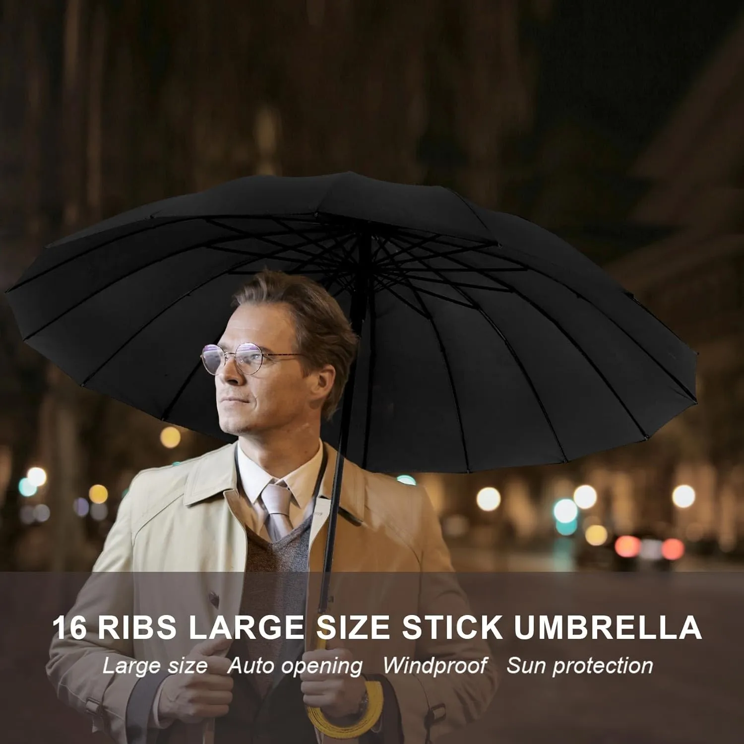 MRTLLOA 52 Inch Windproof Large Umbrellas for Rain, 16 Ribs, J Wooden Handle, 210T High-density Fabric Golf Stick Umbrella