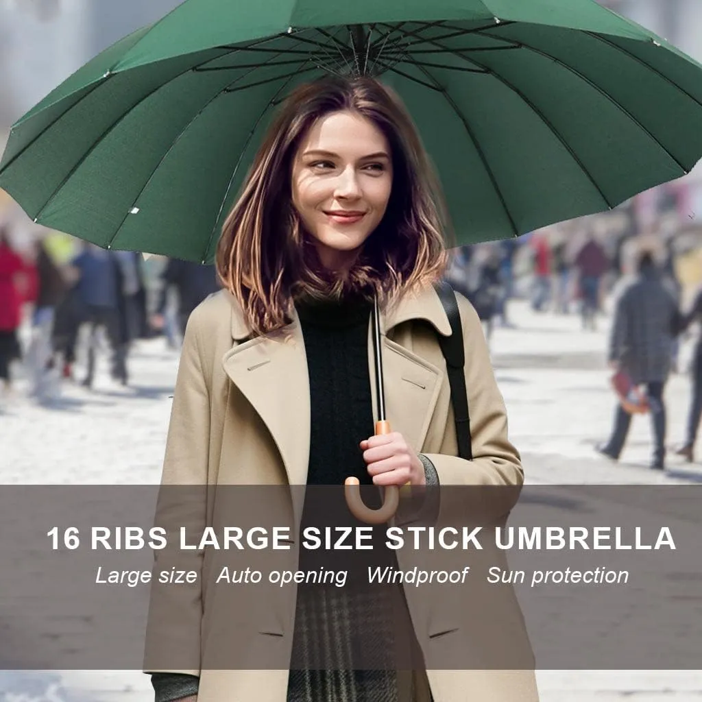 MRTLLOA 52 Inch Windproof Large Umbrellas for Rain, 16 Ribs, J Wooden Handle, 210T High-density Fabric Golf Stick Umbrella