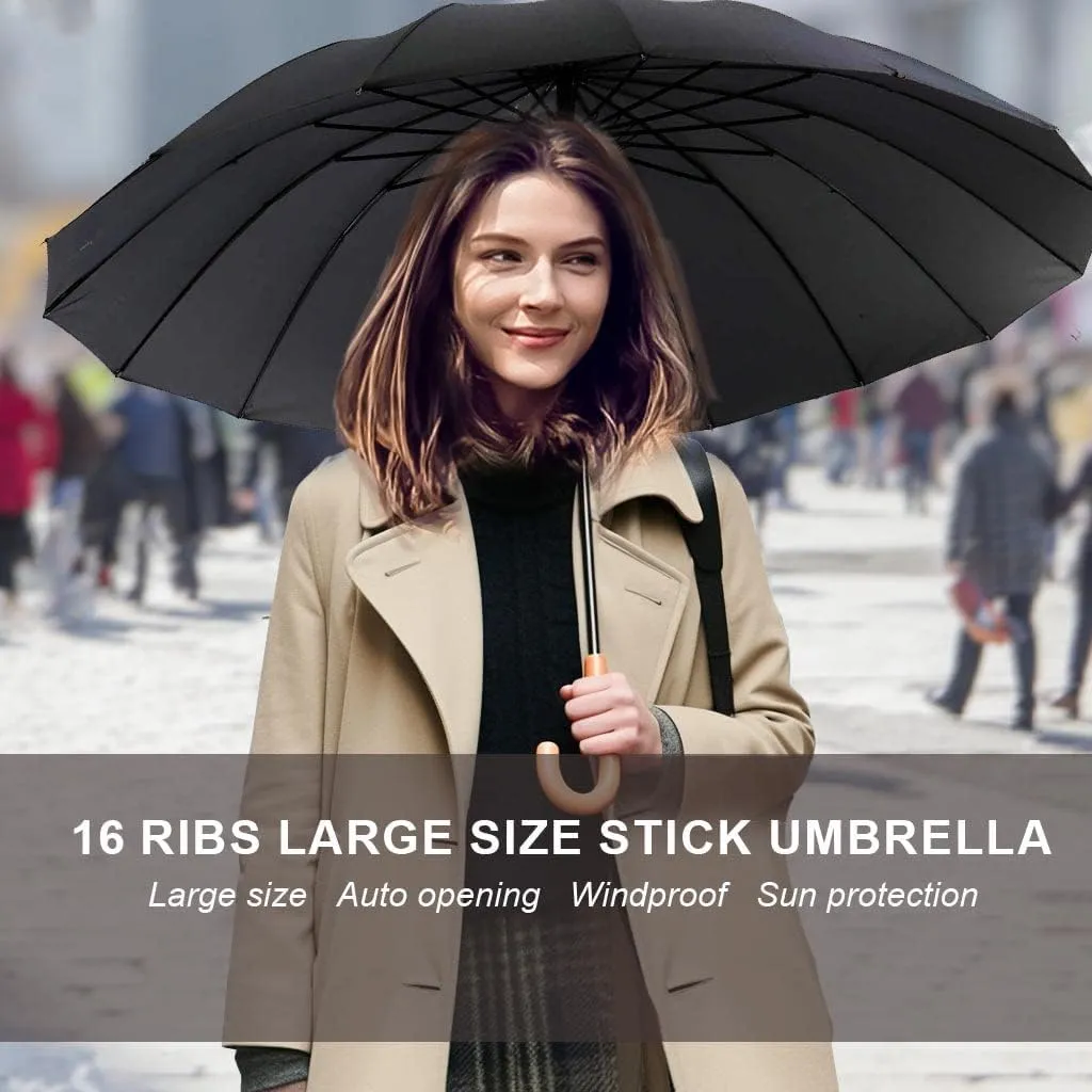 MRTLLOA 52 Inch Windproof Large Umbrellas for Rain, 16 Ribs, J Wooden Handle, 210T High-density Fabric Golf Stick Umbrella