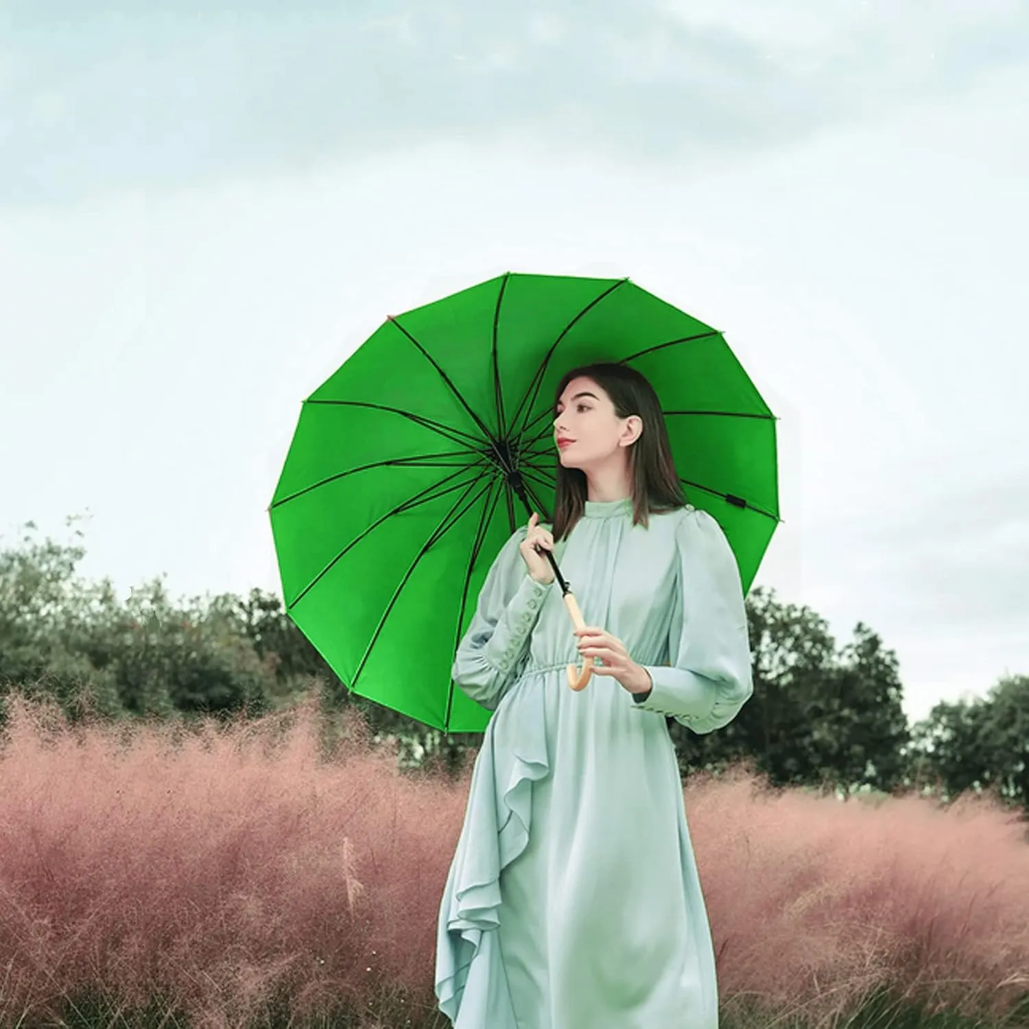 MRTLLOA 52 Inch Windproof Large Umbrellas for Rain, 16 Ribs, J Wooden Handle, 210T High-density Fabric Golf Stick Umbrella