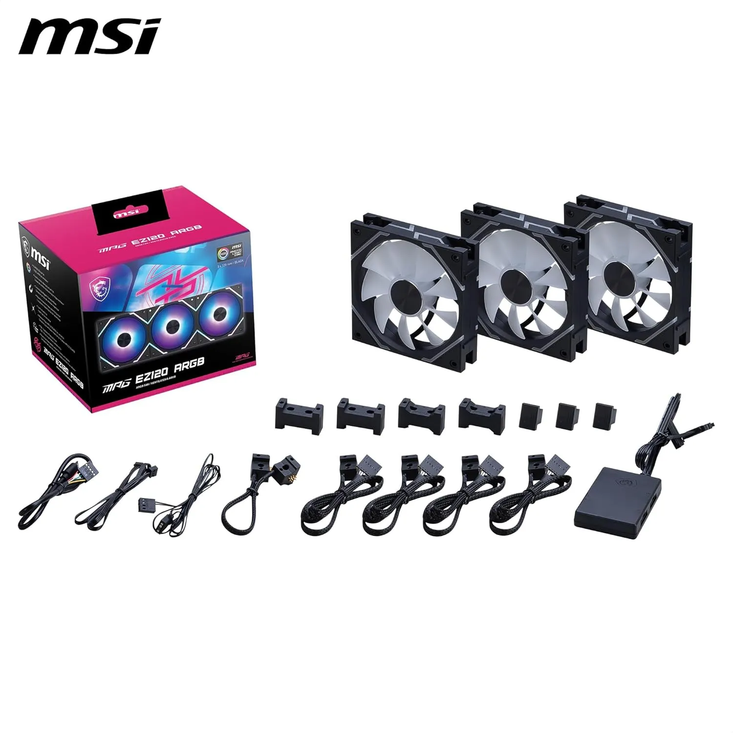 MSI MPG EZ120 ARGB-3B Fan - 120mm ARGB Fan, Patented Magnetic Connector Block, Daisy-Chain Connection, Fluid Dynamic Bearing   Extra nut Fixing, Fan hub, Mystic Light & Cooling Wizard Support