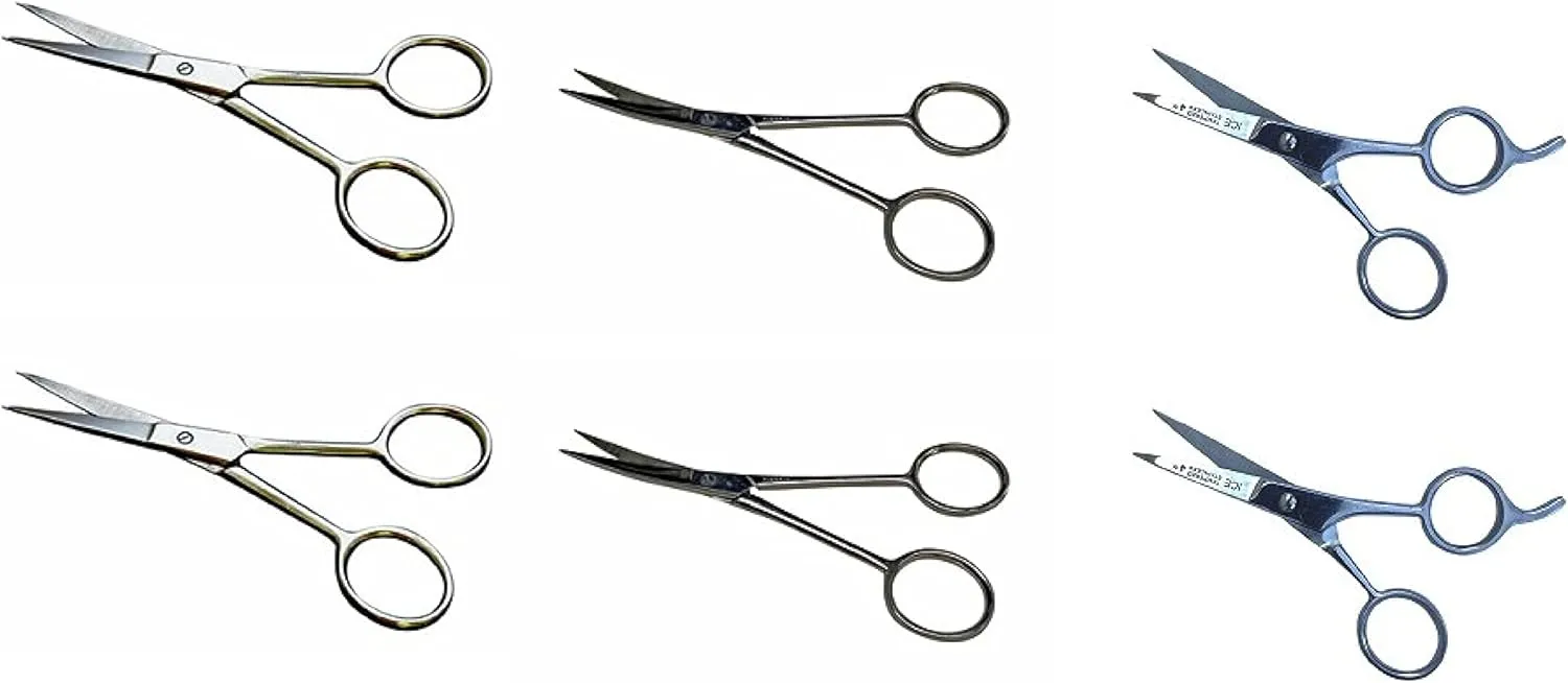 Mustache Scissors 6 Piece Set - 2 Straight Mustache Scissors (4.7 inches each), 2 Curved Mustache Scissors (4.5 inches each) and 2 Straight with Finger Rest Mustache Scissors (4.2 inches each)