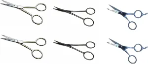 Mustache Scissors 6 Piece Set - 2 Straight Mustache Scissors (4.7 inches each), 2 Curved Mustache Scissors (4.5 inches each) and 2 Straight with Finger Rest Mustache Scissors (4.2 inches each)