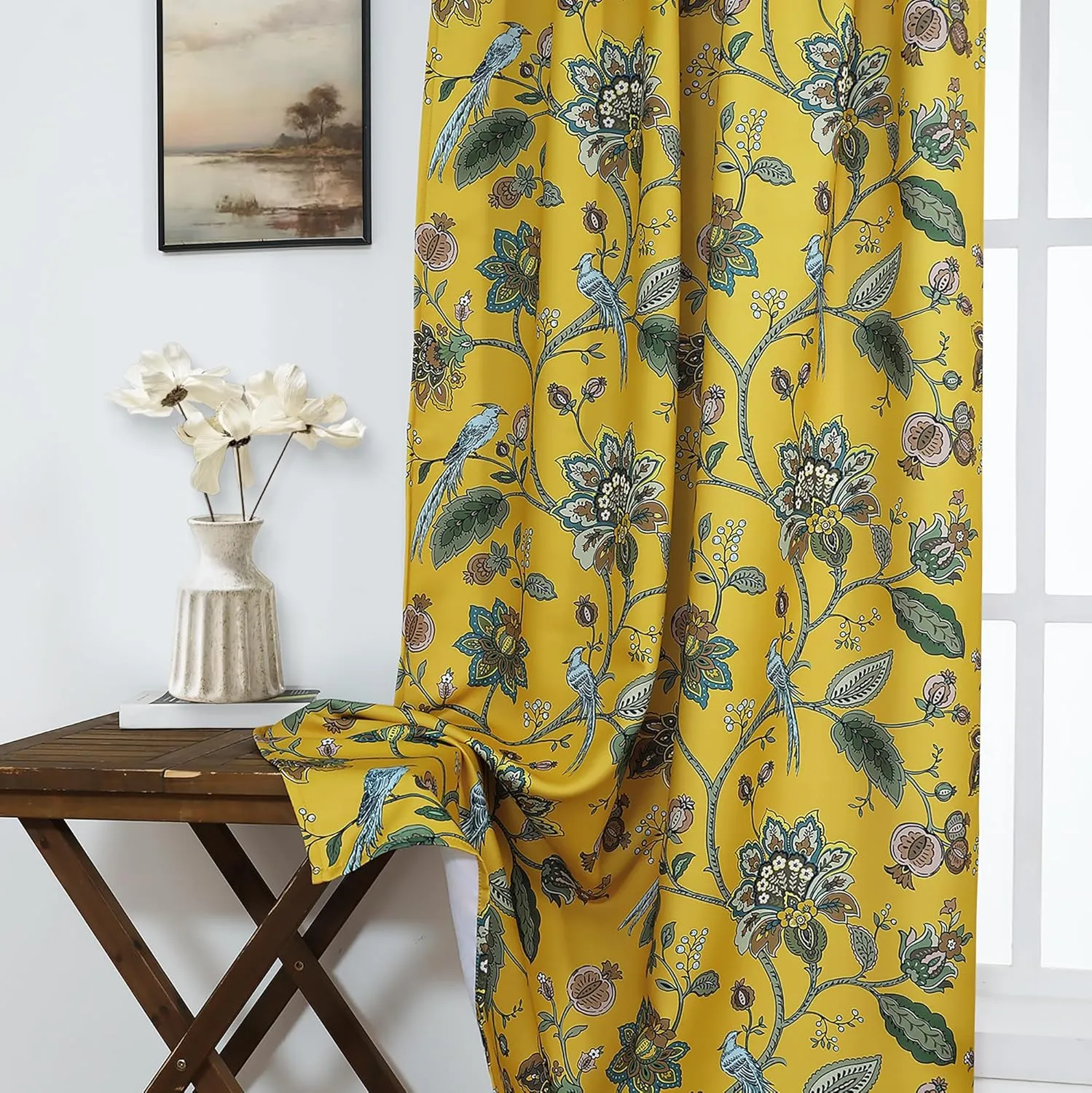 Mustard Yellow Curtains 84 Inch Length 2 Panels Set,Boho 70% Blackout Colorful Blue Bird Pretty Floral Patterned Mid Century Modern Curtains for Living Room Bedroom 84 Inches Long