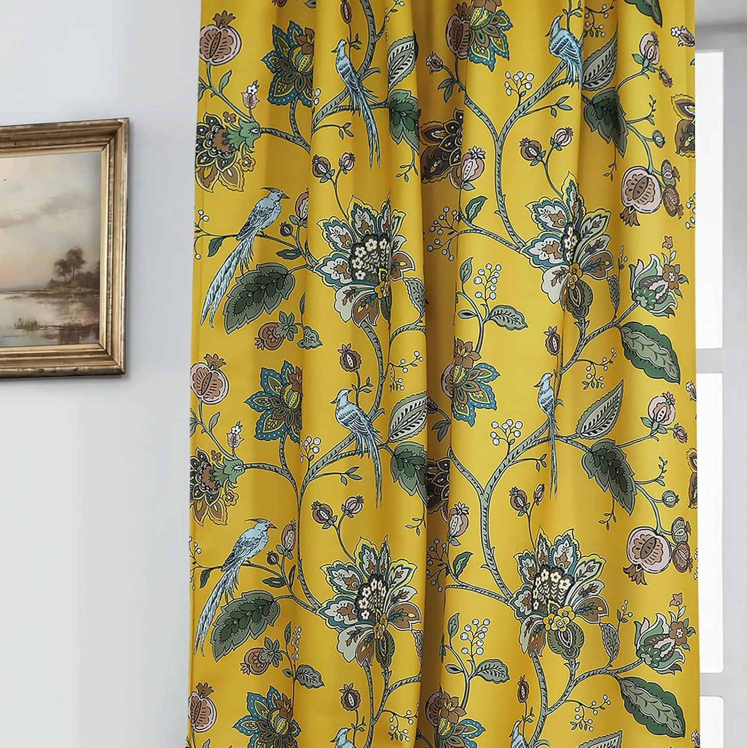 Mustard Yellow Curtains 84 Inch Length 2 Panels Set,Boho 70% Blackout Colorful Blue Bird Pretty Floral Patterned Mid Century Modern Curtains for Living Room Bedroom 84 Inches Long