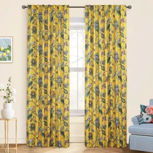 Mustard Yellow Curtains 84 Inch Length 2 Panels Set,Boho 70% Blackout Colorful Blue Bird Pretty Floral Patterned Mid Century Modern Curtains for Living Room Bedroom 84 Inches Long