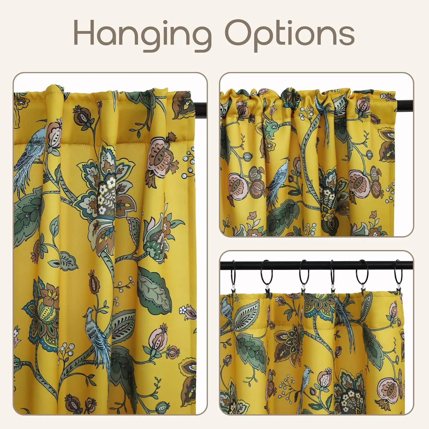 Mustard Yellow Curtains 84 Inch Length 2 Panels Set,Boho 70% Blackout Colorful Blue Bird Pretty Floral Patterned Mid Century Modern Curtains for Living Room Bedroom 84 Inches Long