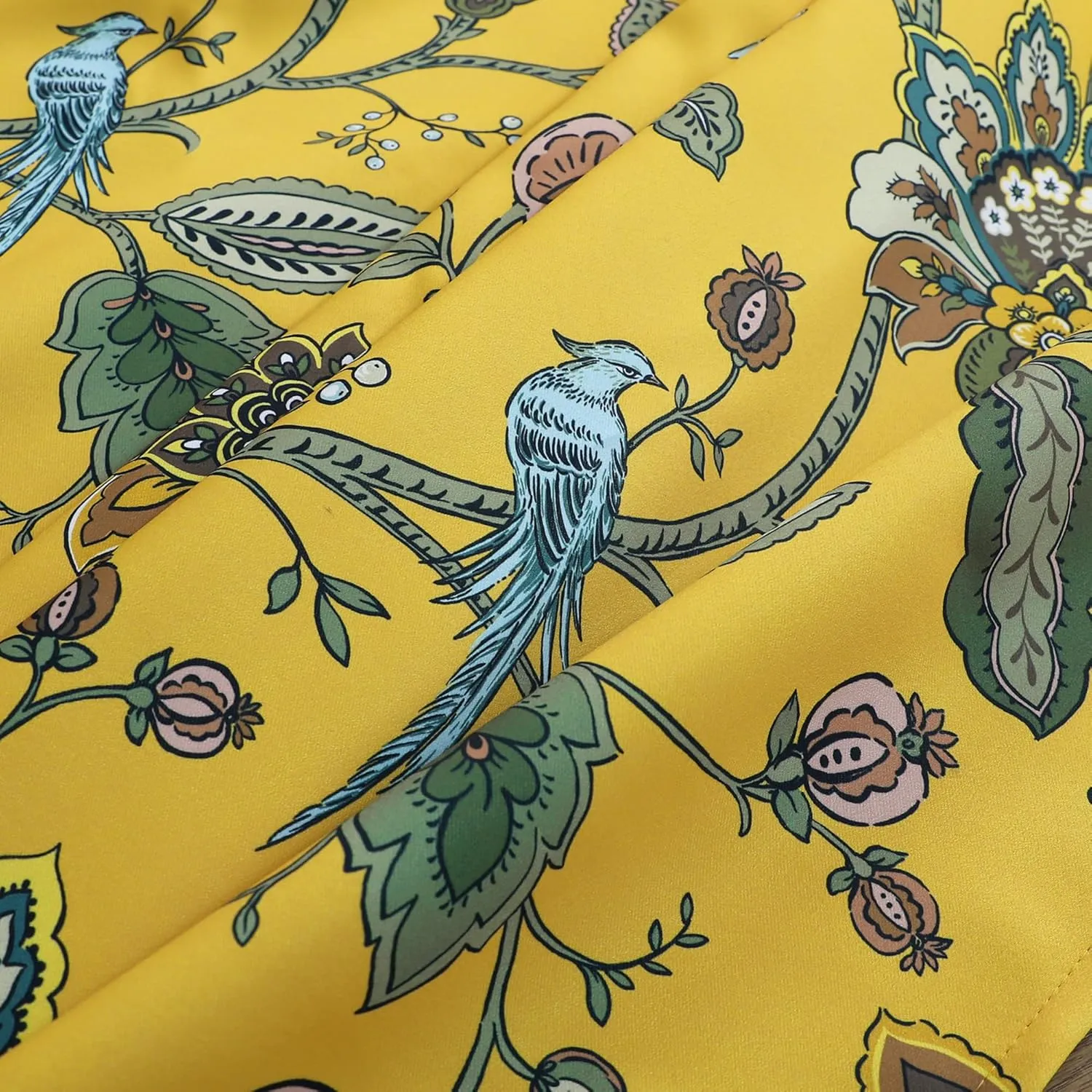 Mustard Yellow Curtains 84 Inch Length 2 Panels Set,Boho 70% Blackout Colorful Blue Bird Pretty Floral Patterned Mid Century Modern Curtains for Living Room Bedroom 84 Inches Long