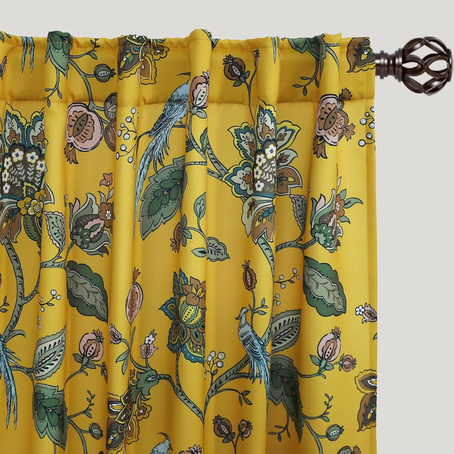 Mustard Yellow Curtains 84 Inch Length 2 Panels Set,Boho 70% Blackout Colorful Blue Bird Pretty Floral Patterned Mid Century Modern Curtains for Living Room Bedroom 84 Inches Long