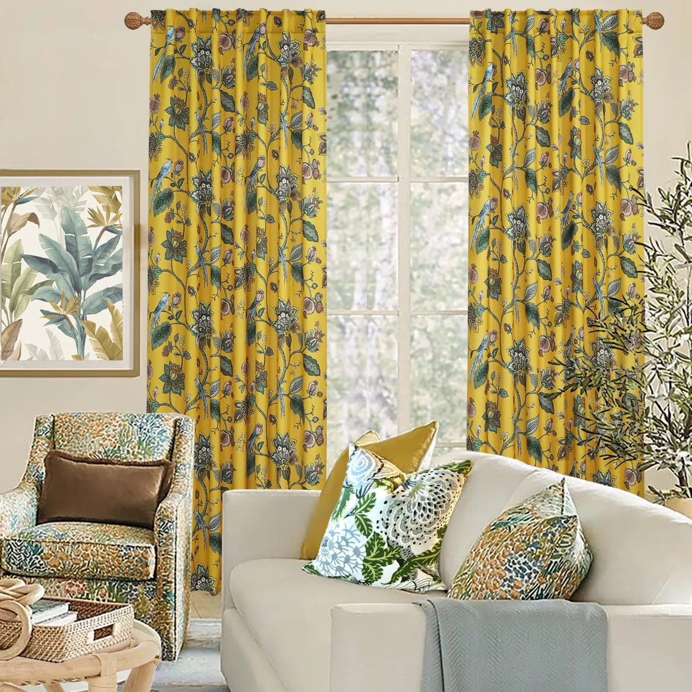 Mustard Yellow Curtains 84 Inch Length 2 Panels Set,Boho 70% Blackout Colorful Blue Bird Pretty Floral Patterned Mid Century Modern Curtains for Living Room Bedroom 84 Inches Long
