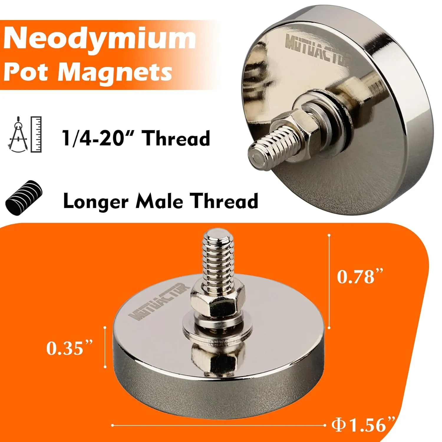 MUTUACTOR 2PCS Super Strong Neodymium Round Magnet Base with 1/4''-20 Male Threaded Stud,150lb Pulling Force Magnetic Mount Heavy Duty Magnets for Led Lighting Camera Tools and Others Equipments