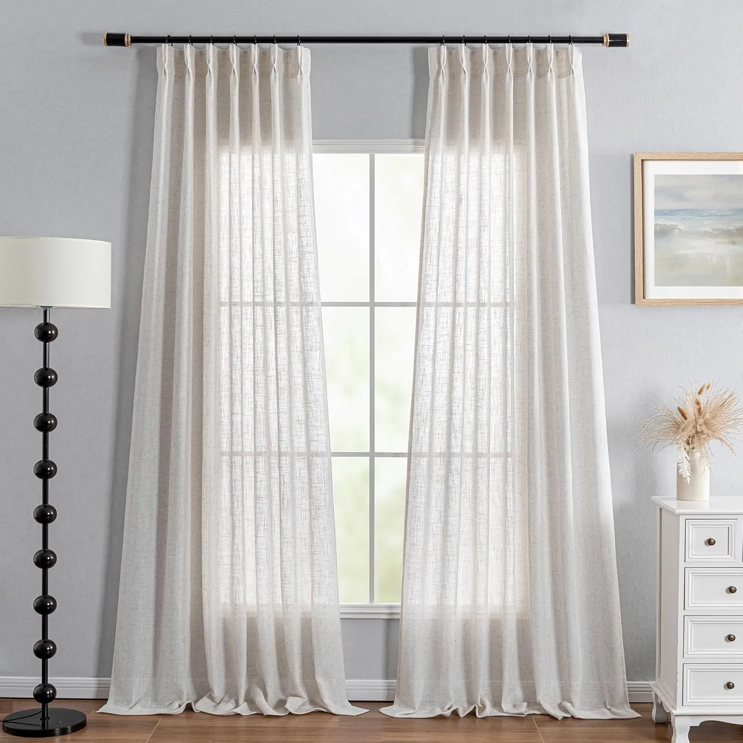 MYSKY HOME Linen Curtains for Living Room, Natural Semi Sheer Curtains & Drapes 84 Inches Length 2 Panels Set Pinch Pleated Farmhouse Country Boho Style Back Tab Draperies for Sliding Door, 40" Wide