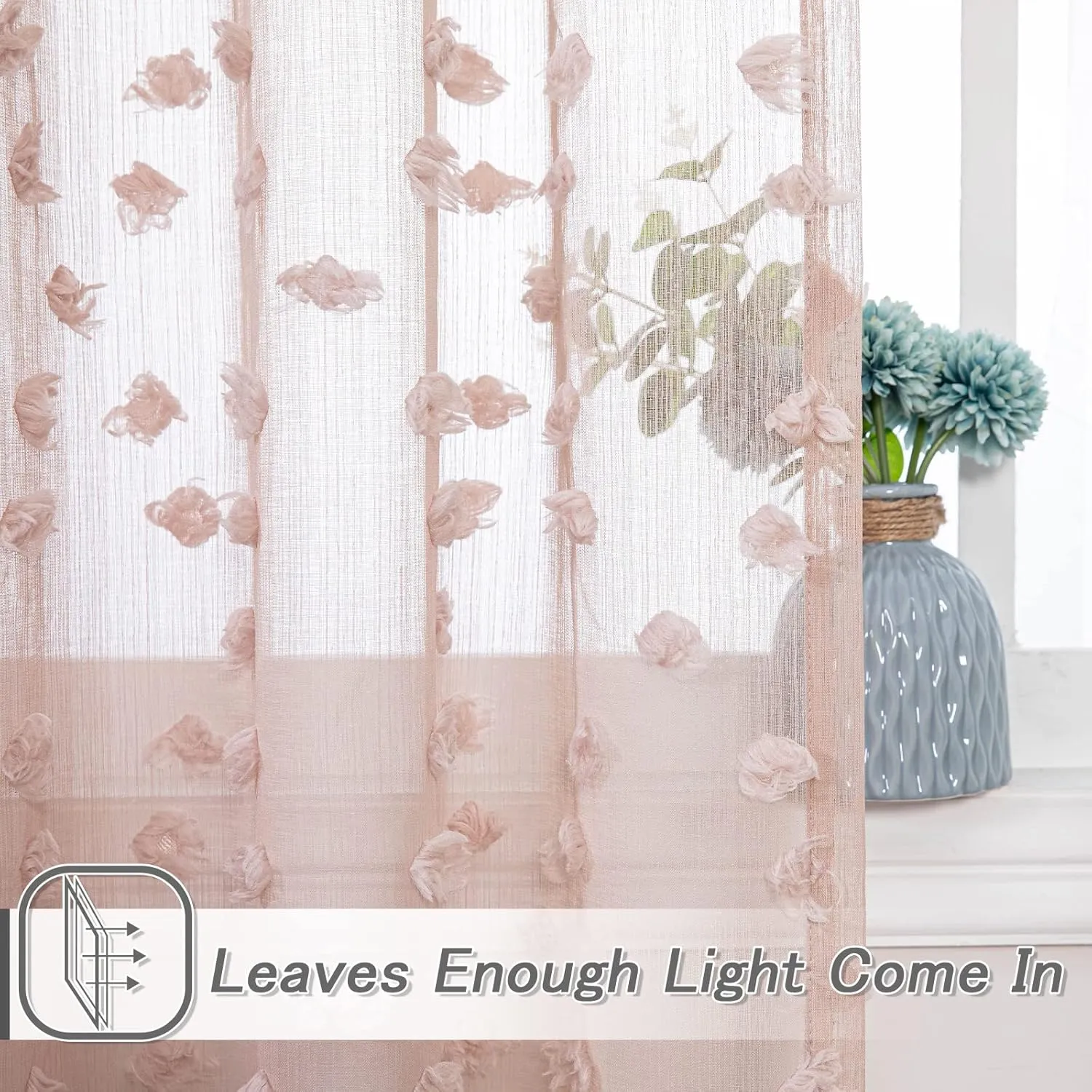 MYSKY HOME Pom Pom Pink Sheer Curtains for Bedroom Light Filtering Semi-Sheer Curtains for Nursery Girls Kids Room Rod Pocket Boho Voile Window Draperies Dusty Pink 52 x 84 inch 2 Panels