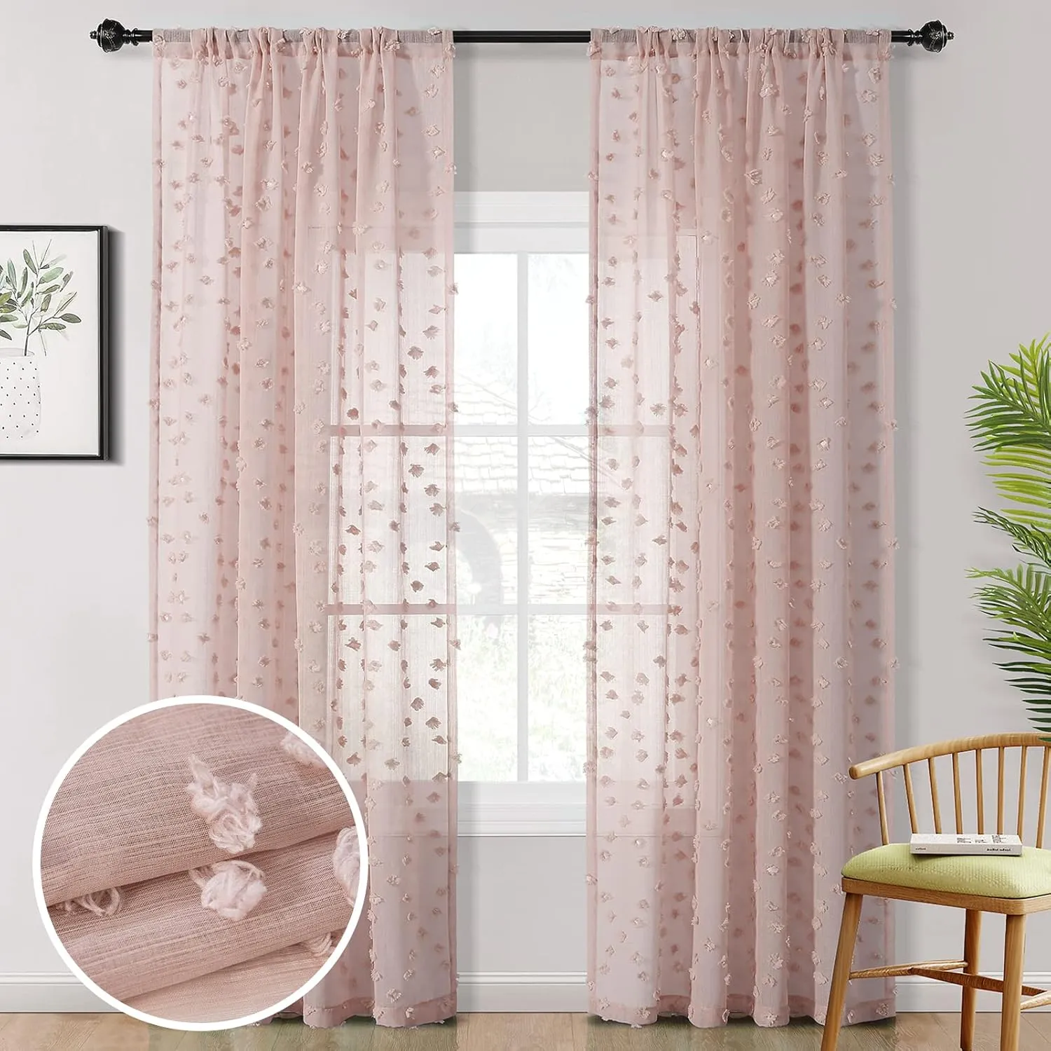 MYSKY HOME Pom Pom Pink Sheer Curtains for Bedroom Light Filtering Semi-Sheer Curtains for Nursery Girls Kids Room Rod Pocket Boho Voile Window Draperies Dusty Pink 52 x 84 inch 2 Panels