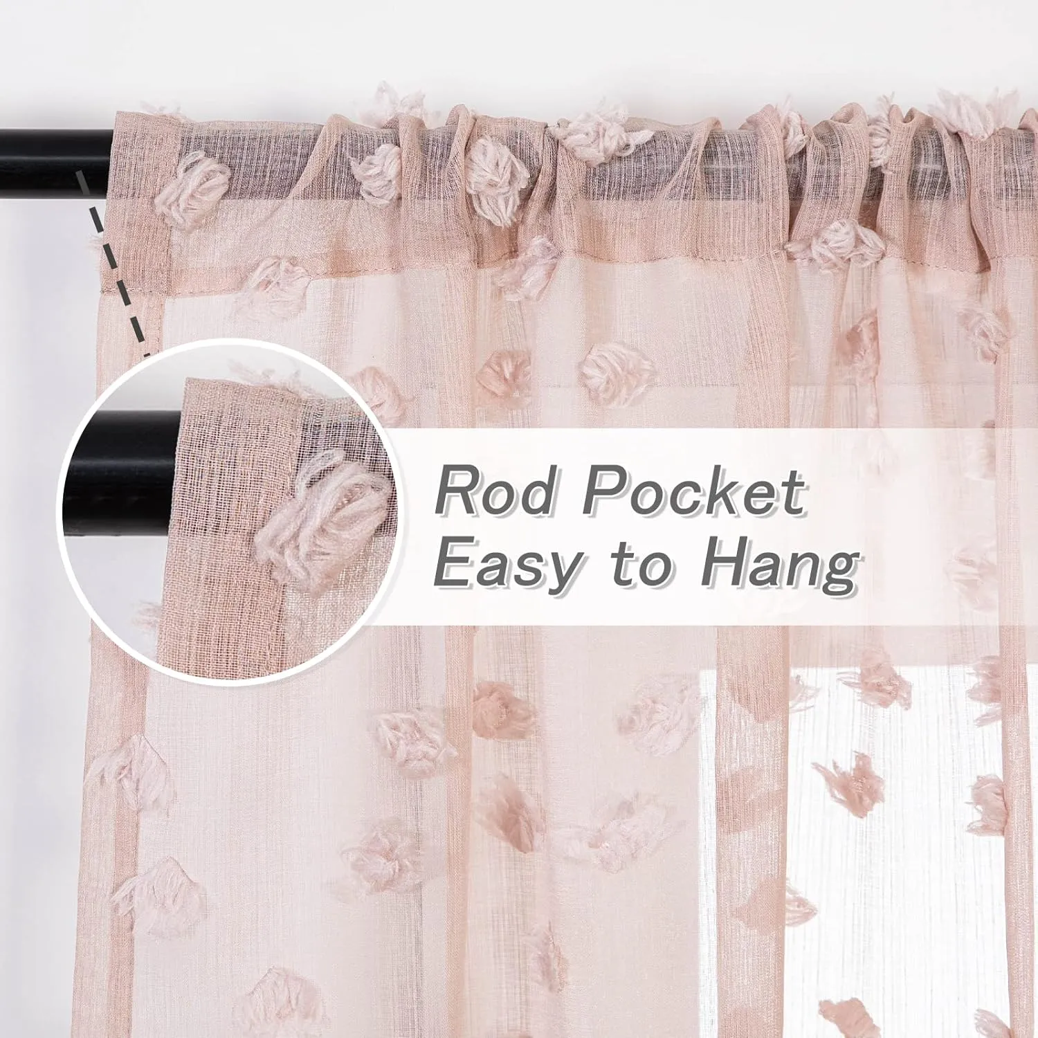 MYSKY HOME Pom Pom Pink Sheer Curtains for Bedroom Light Filtering Semi-Sheer Curtains for Nursery Girls Kids Room Rod Pocket Boho Voile Window Draperies Dusty Pink 52 x 84 inch 2 Panels