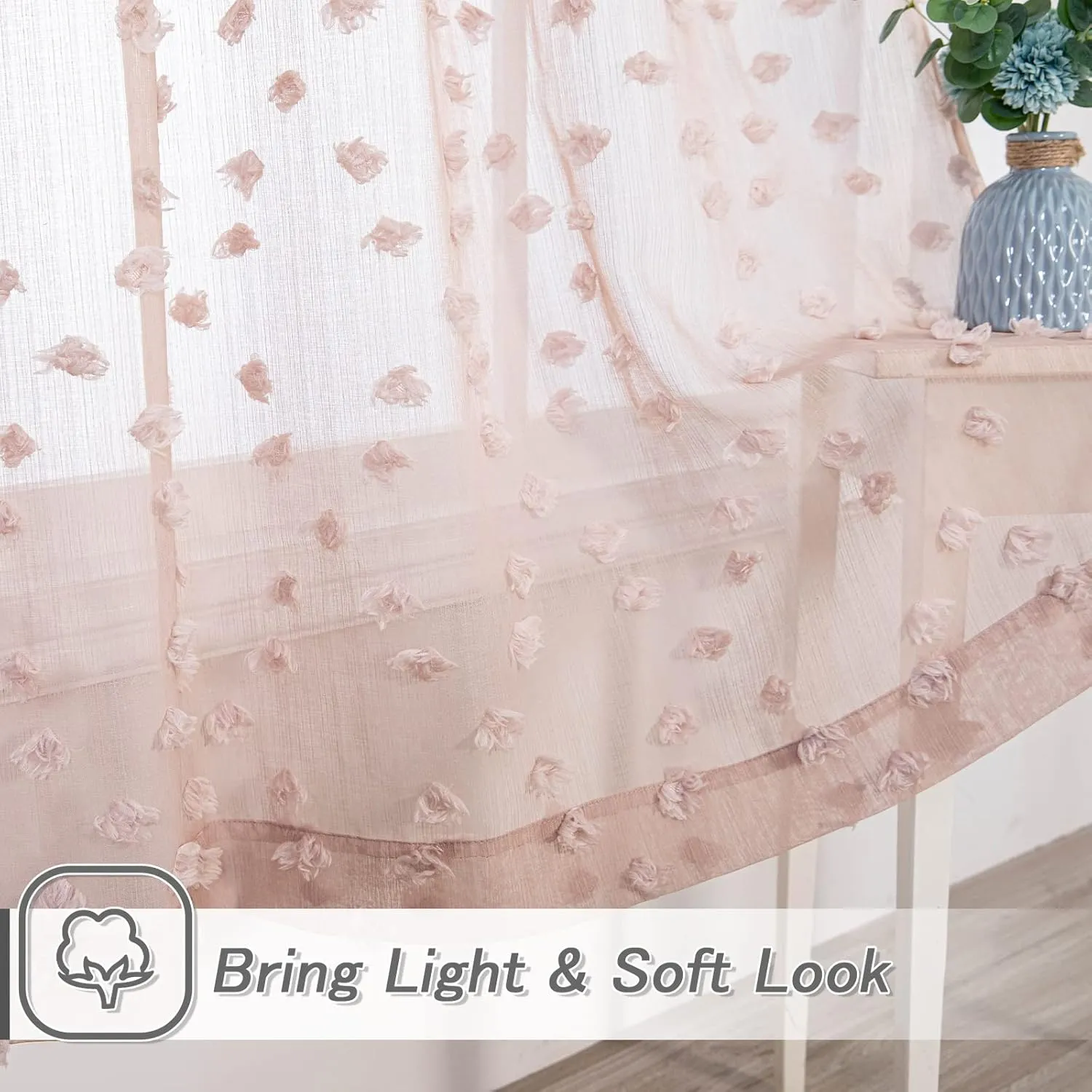 MYSKY HOME Pom Pom Pink Sheer Curtains for Bedroom Light Filtering Semi-Sheer Curtains for Nursery Girls Kids Room Rod Pocket Boho Voile Window Draperies Dusty Pink 52 x 84 inch 2 Panels