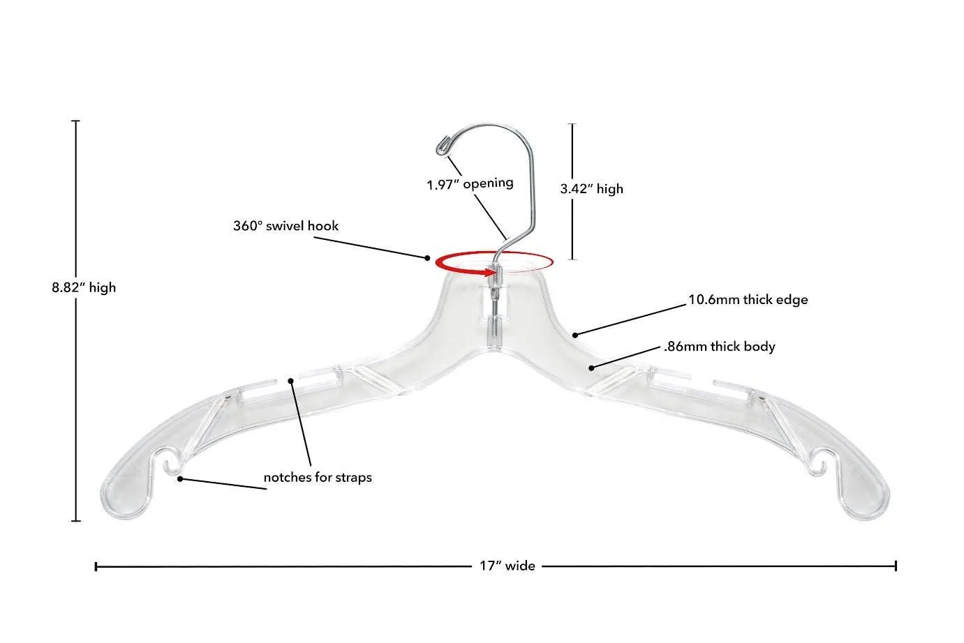 NAHANCO 505HU Plastic Shirt/Dress Hangers with Chrome swivel Hook, Middle Heavy Weight, 17", Clear (Pack of 50)