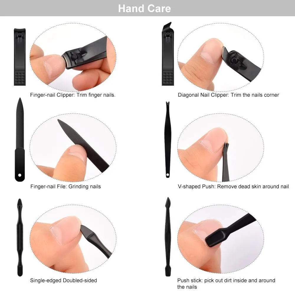 Nail Clippers Set, 7-18pcs Stainless Steel Manicure Pedicure Kit with Leather Case for Travel,Suitable for Unisex-Black_12-Piece Set (Black 7 Piece Set)