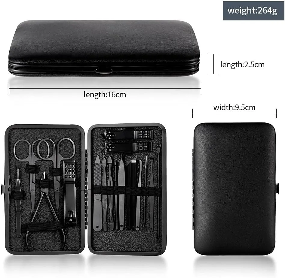 Nail Clippers Set, 7-18pcs Stainless Steel Manicure Pedicure Kit with Leather Case for Travel,Suitable for Unisex-Black_12-Piece Set (Black 7 Piece Set)