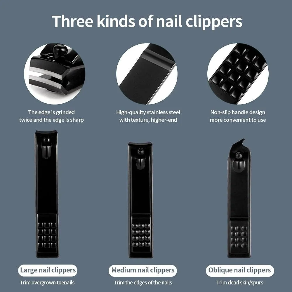 Nail Clippers Set, 7-18pcs Stainless Steel Manicure Pedicure Kit with Leather Case for Travel,Suitable for Unisex-Black_12-Piece Set (Black 7 Piece Set)