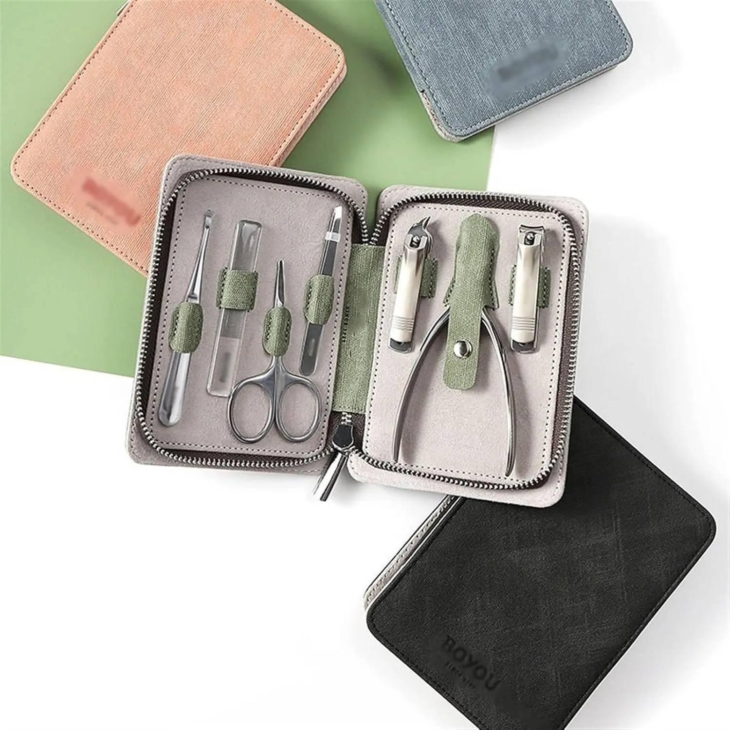 Nail Kit Portable Nail Clipper Set, 7 Pieces Men Women Pedicure Grooming Kit, Sharp Finger and Toe Nail Tools with Leather Case Toe Nail Clippers(Green)