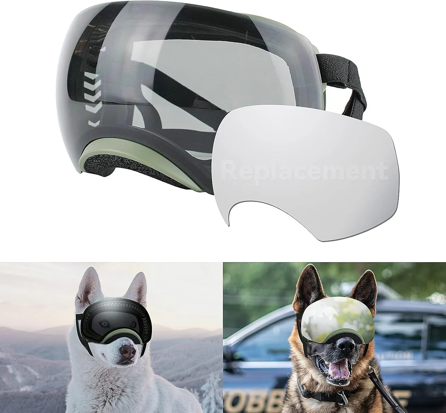 NAMSAN Dog Goggles for Large Dogs, Black/Silver Lenses Replaceable, Dog Sunglasses Medium to Large Breed, Anti-UV Doggie Eye Protection, Adjustable Driving Glasses, Windproof Dustproof, Green