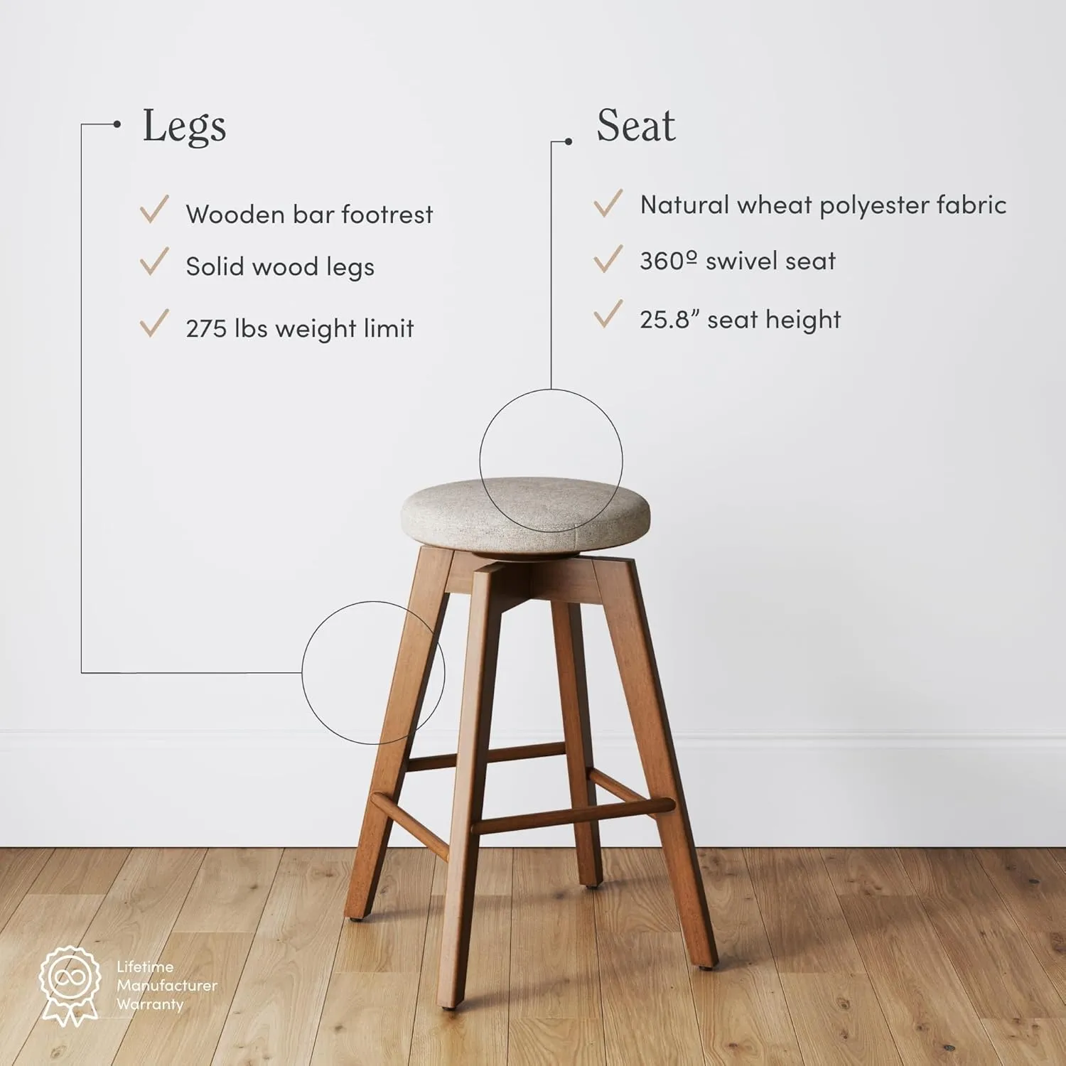 Nathan James Amalia Backless Kitchen Counter Height Bar Stool, Solid Wood with 360 Swivel Seat Antique Coffee/Natural Wheat, Set of 4