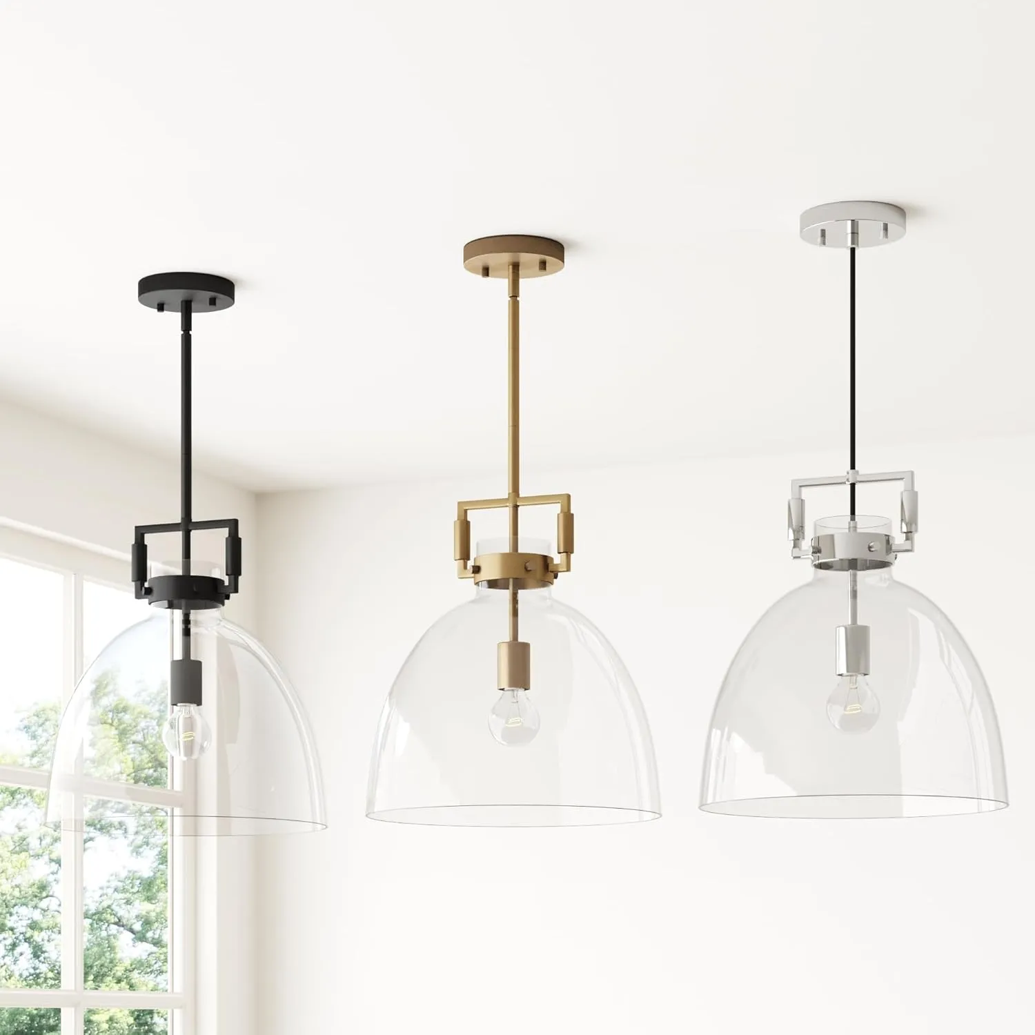 Nathan James Leigh Pendant Lighting, Black Hanging Ceiling Light with Oversized Glass Shade and Adjustable Cord, for Kitchen Island or Entryway, Matte Black/Clear