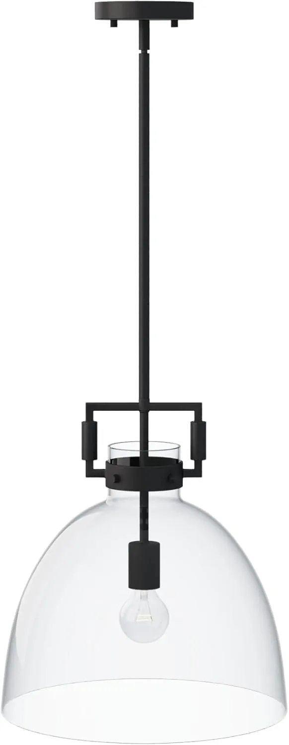 Nathan James Leigh Pendant Lighting, Black Hanging Ceiling Light with Oversized Glass Shade and Adjustable Cord, for Kitchen Island or Entryway, Matte Black/Clear