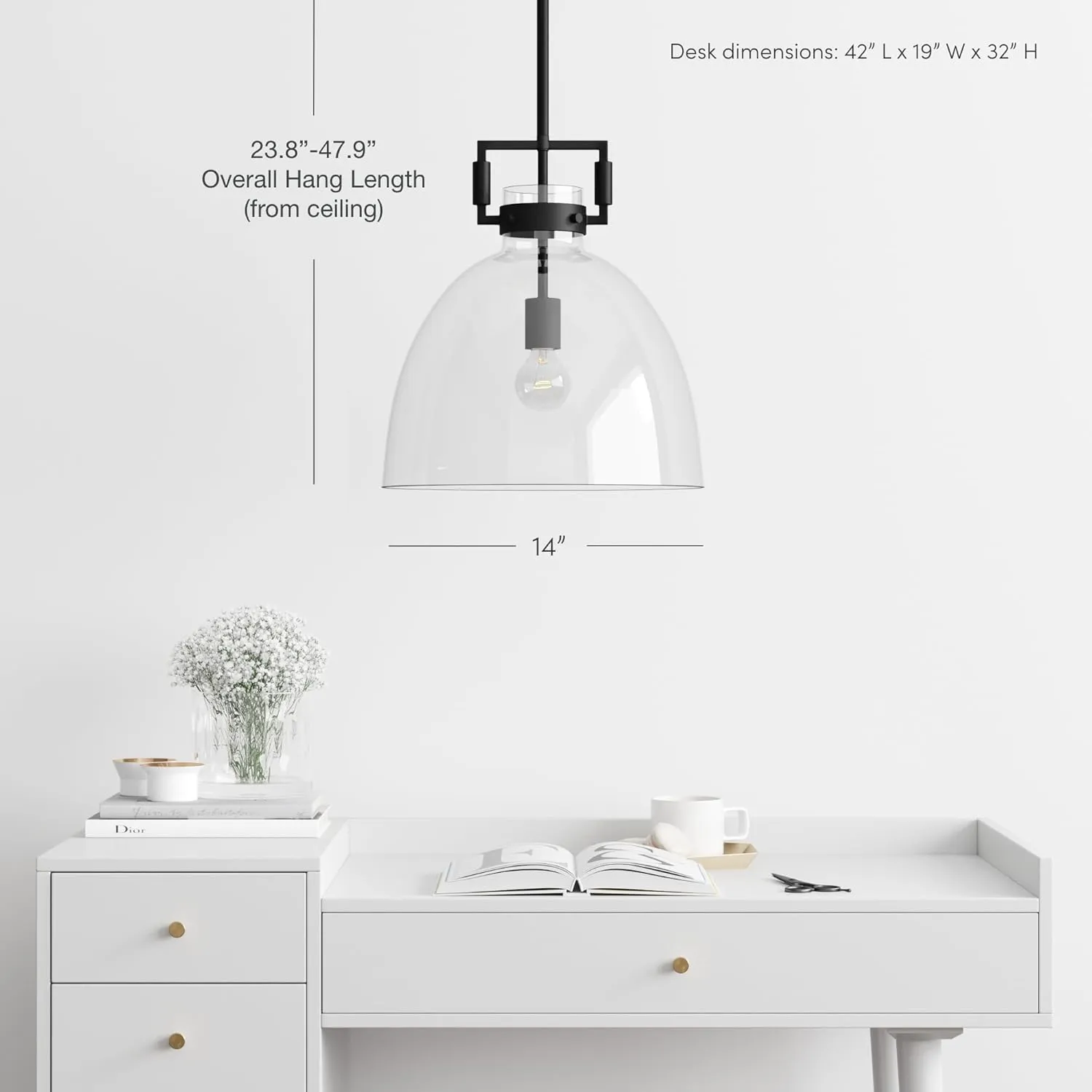 Nathan James Leigh Pendant Lighting, Black Hanging Ceiling Light with Oversized Glass Shade and Adjustable Cord, for Kitchen Island or Entryway, Matte Black/Clear